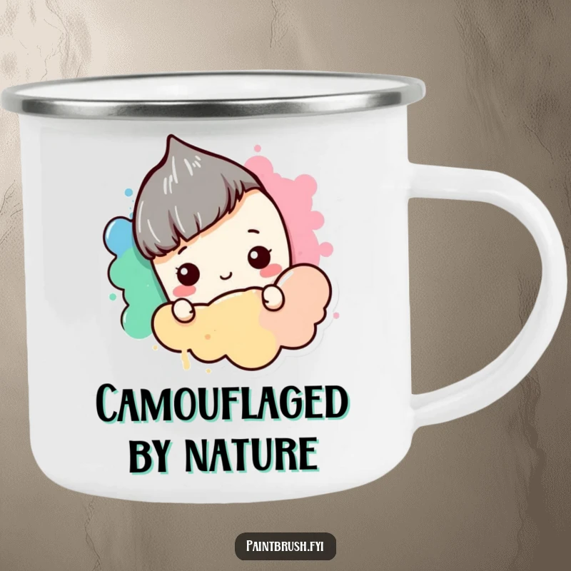 Funny Camping Mug: A shy paintbrush character hiding behind a blob of color, perfect for quiet outdoor moments and artistic reflection.