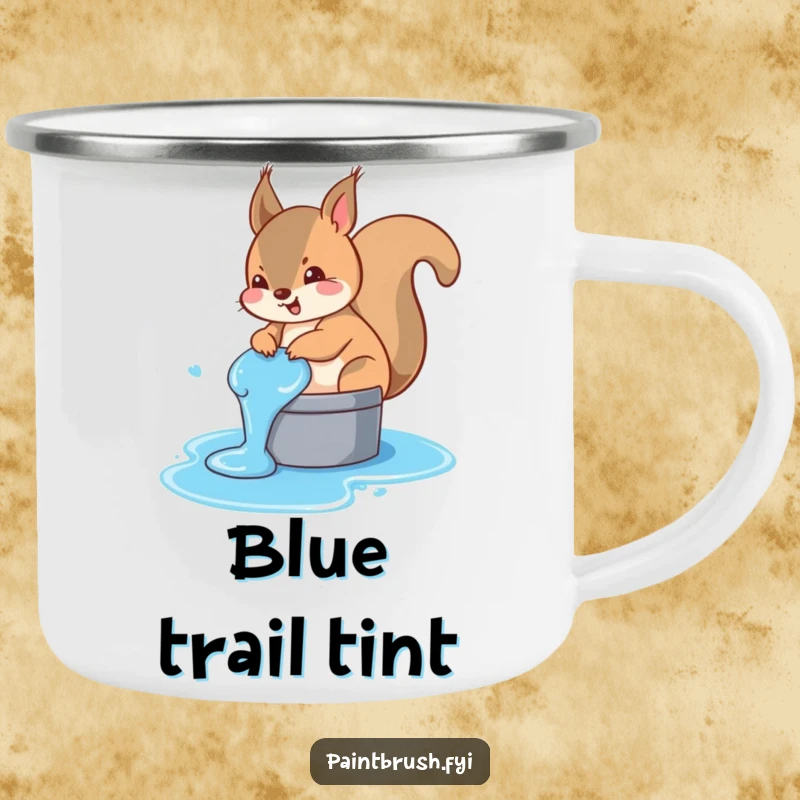 Funny squirrel camping mug with a mischievous squirrel accidentally dipping its tail in a bucket of blue paint, ready for the wild.