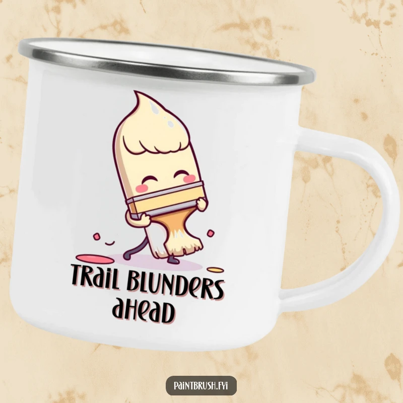 Funny Camping Mug: A paintbrush character comically tripping over its own bristles, ideal for outdoor adventures and art lovers.