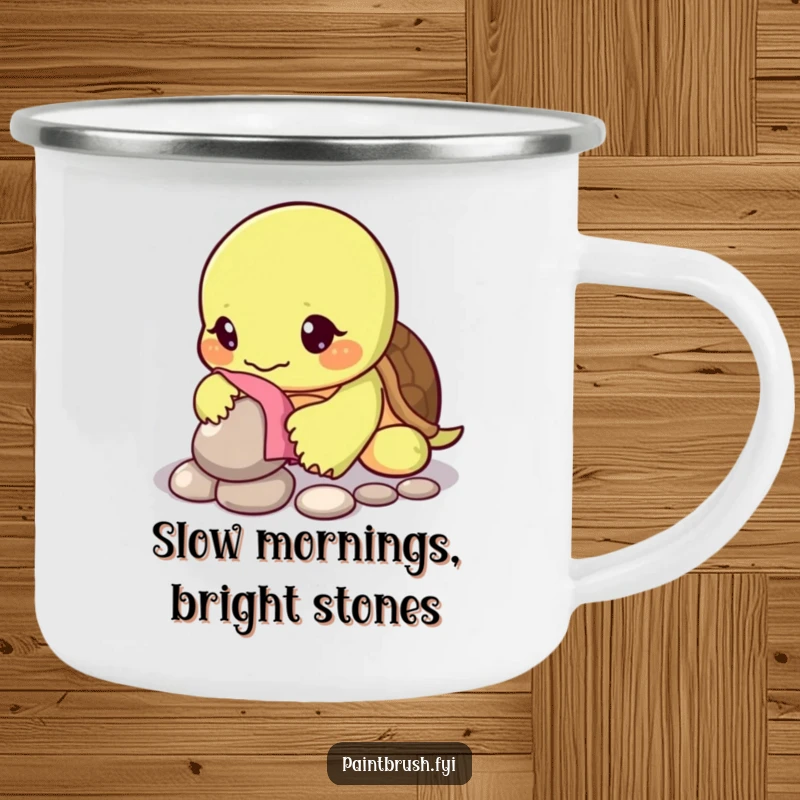 Funny camping mug featuring a turtle character polishing a single shiny pebble, ready for patient outdoor enjoyment.