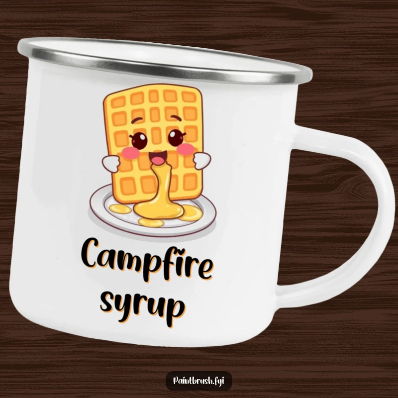 Funny Camping Mug of a smiling waffle character playfully splashing syrup onto a plate, ideal for outdoor breakfast.