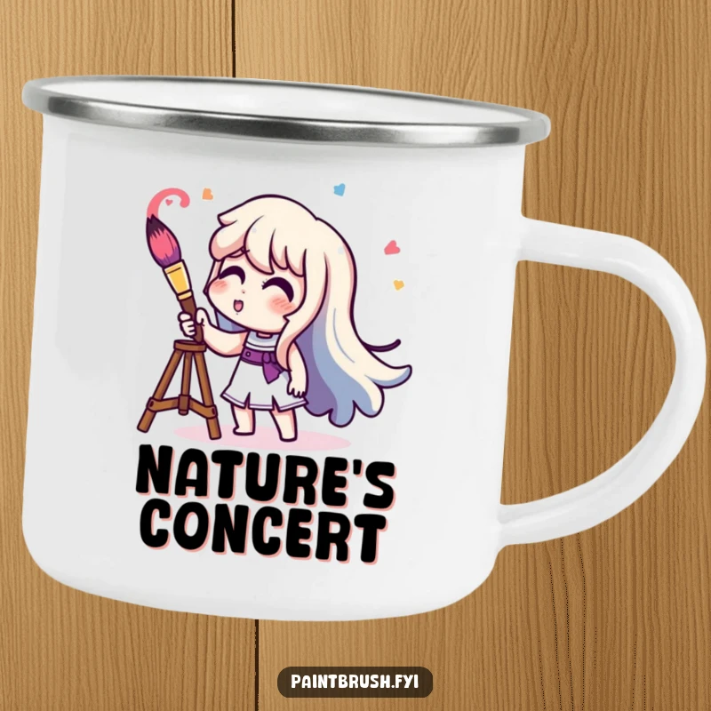 Funny character playing a paintbrush like a trumpet, creating colorful sound waves, a rugged mug.