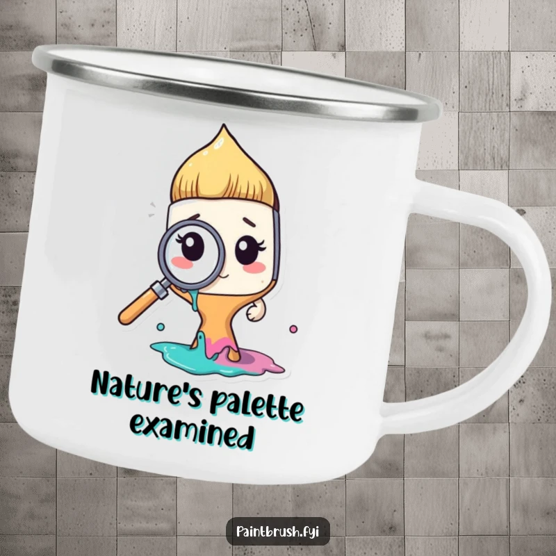 Funny paintbrush character using a tiny magnifying glass on paint, as a sturdy camping mug, for curious artistic minds.