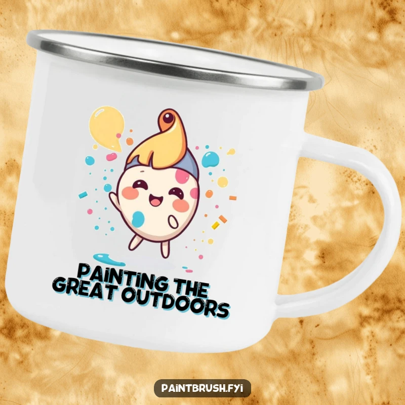 Funny paintbrush camping mug featuring a small, round character splattering paint, durable and humorous for outdoor use.