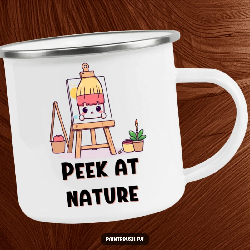 Funny Camping Mug: A shy paintbrush character peeks from behind a large art easel, ideal for humorous quiet outdoor moments.