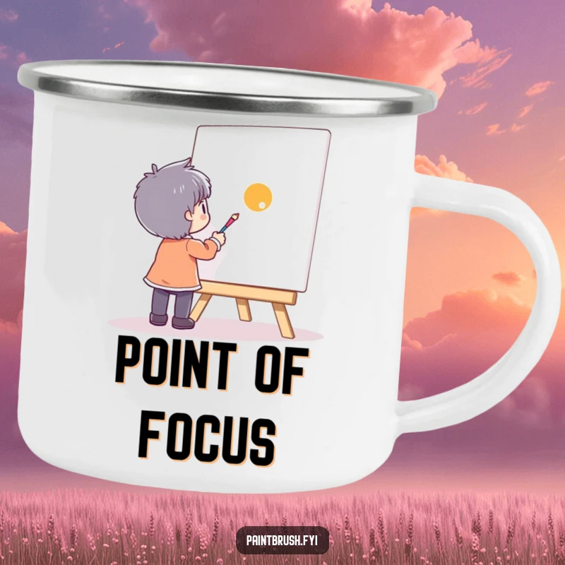 Funny character painting a single, vibrant dot on a large canvas, printed on a durable camping mug.