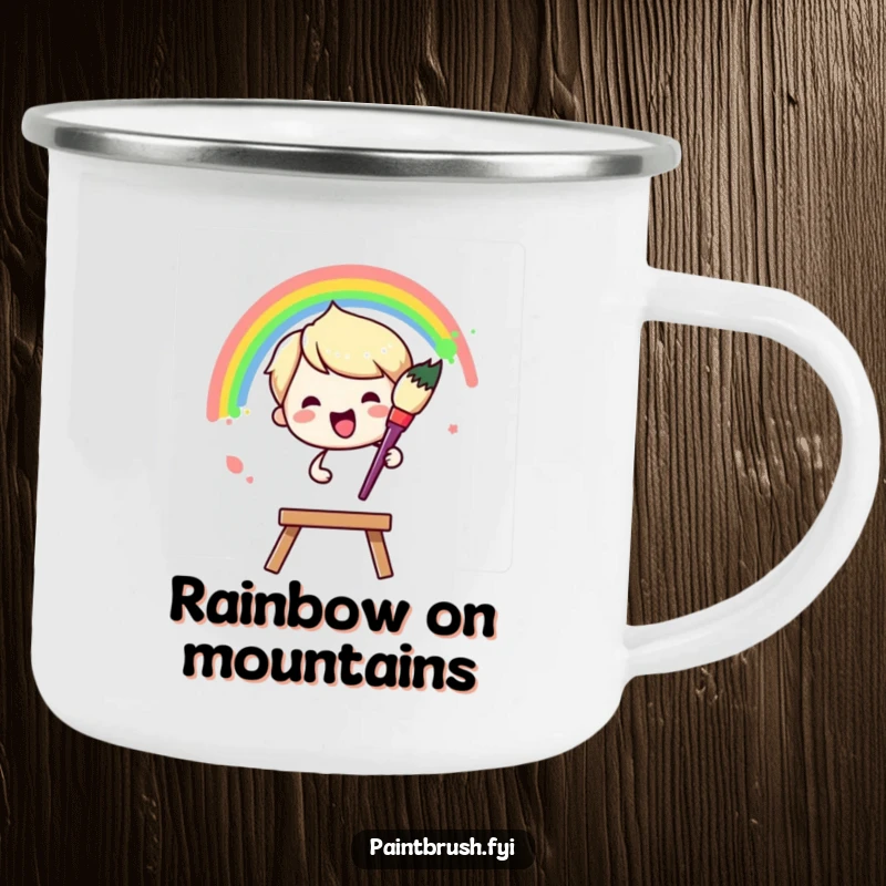 Funny Camping Mug: Paintbrush character joyfully painting a vibrant rainbow arc across a blank canvas, a humorous outdoor accessory.
