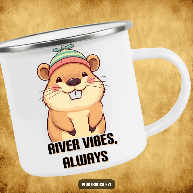 Funny capybara beanie camping mug, grinning capybara wearing a tiny propeller beanie, perfect for outdoor drinks and whimsical fun.