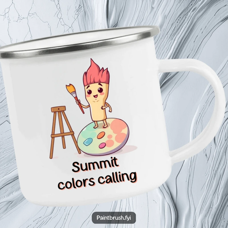 Funny camping mug showing a determined paintbrush character on a palette, ready for artistic endeavors in the great outdoors.