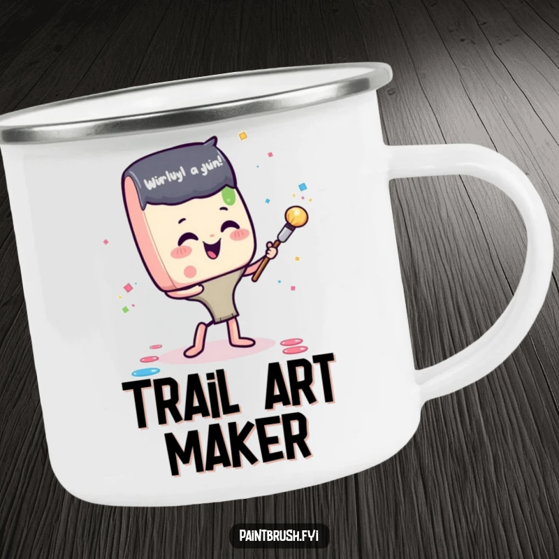 Funny camping mug showcasing a happy paintbrush character gleefully throwing paint confetti, perfect for enjoying drinks while embracing creativity outdoors.