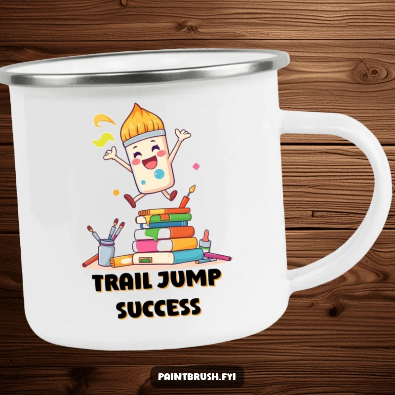 Funny Camping Mug: A joyful paintbrush character leaps over colorful art supplies, ideal for humorous outdoor art sessions.