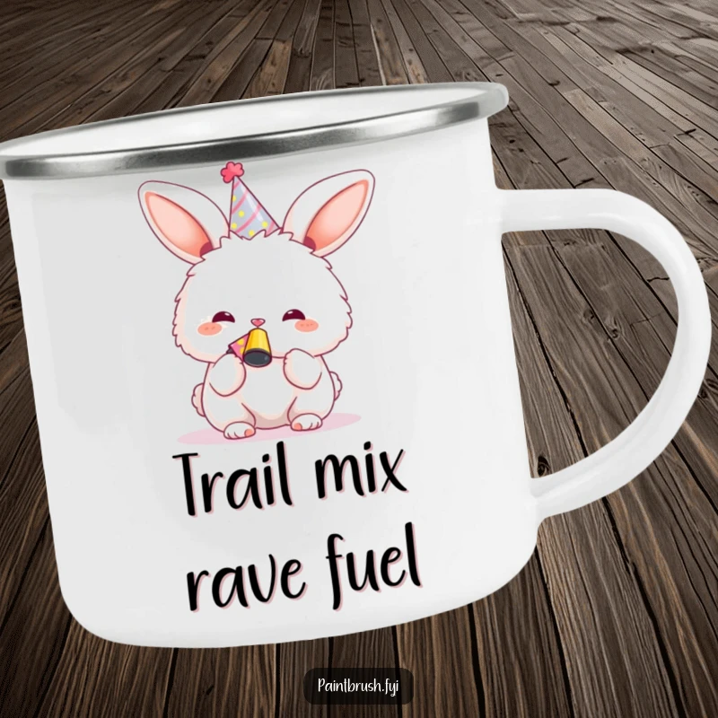 Funny Bunny Camping Mug, a durable cup with a festive bunny blowing a noisemaker, ready for outdoor celebrations.