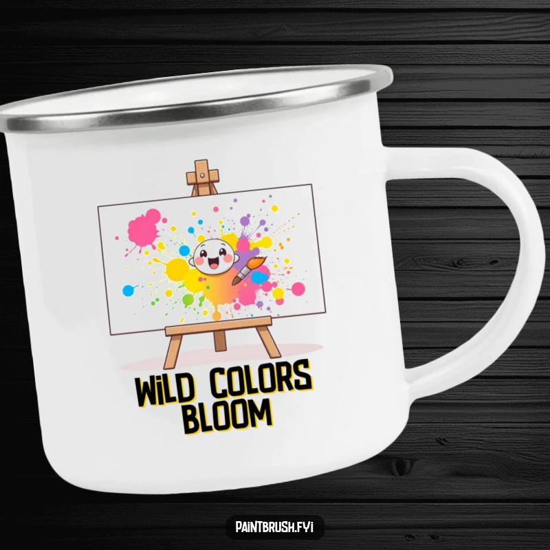 Funny Camping Mug: A cheerful paintbrush character splatters vibrant paint onto a canvas, ideal for humorous outdoor art sessions.