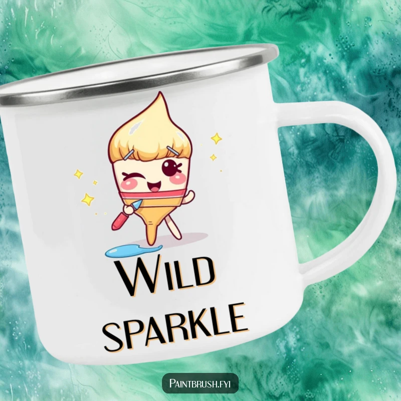 Funny camping mug with a winking paintbrush leaving a trail of sparkly paint, perfect for enjoying beverages outdoors with a sassy spirit.