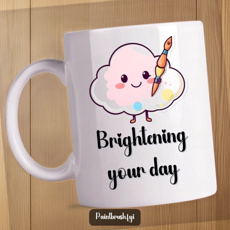 Funny mug showing a cheerful paintbrush character happily painting a bright smiley face onto a fluffy white cloud, spreading joy.