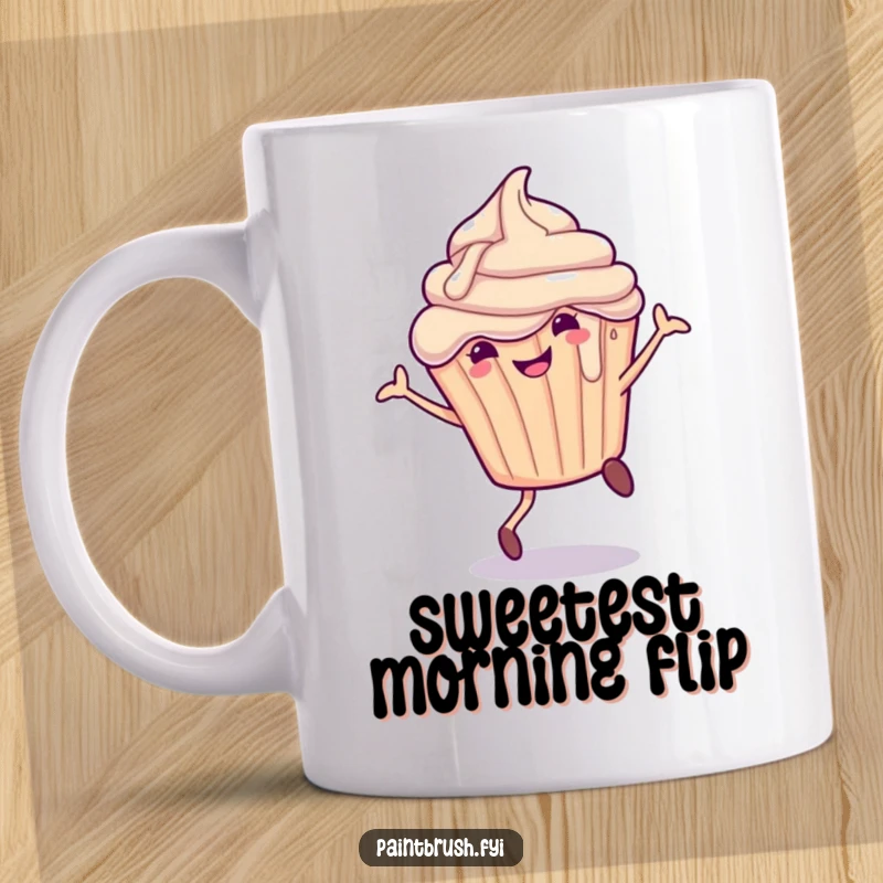 Funny Mug featuring a smiling cupcake character with frosting dripping, joyfully performing a cartwheel, showcasing dessert fun.