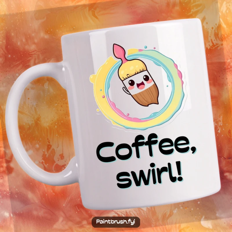 Funny Mug: Paintbrush character enthusiastically splashing paint in a vibrant spiral pattern, a joyful art creation.
