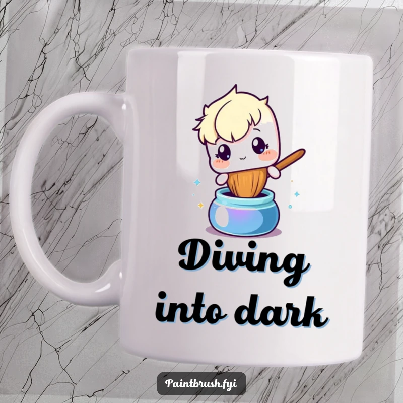 Funny mug showing a curious paintbrush character tentatively dipping its bristles into a pot of shimmering, dark ink.