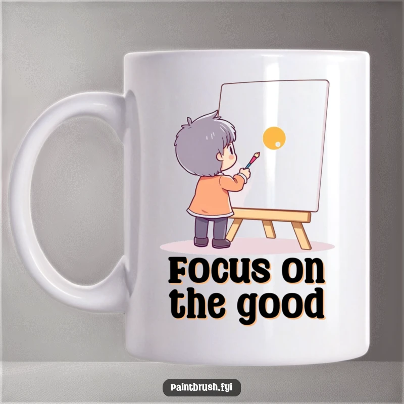 Funny character happily painting a single, bright, vibrant dot on a large, blank canvas, on a ceramic mug.