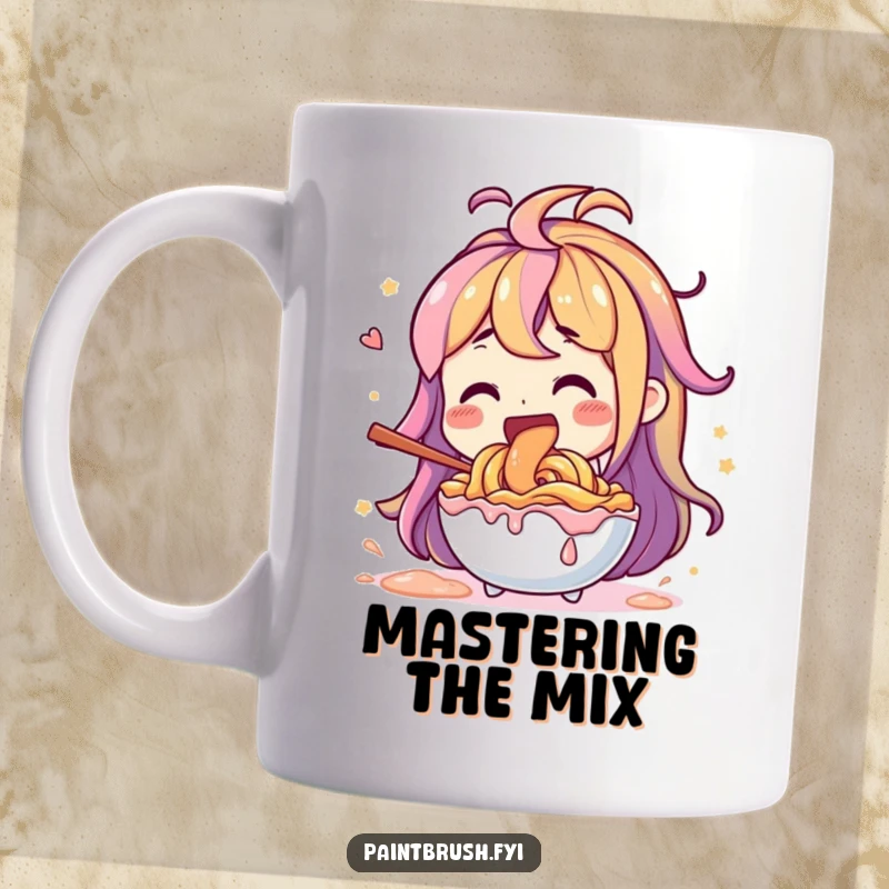 Funny character joyfully mixing vibrant paint colors with a massive, energetic stir, a humorous mug.