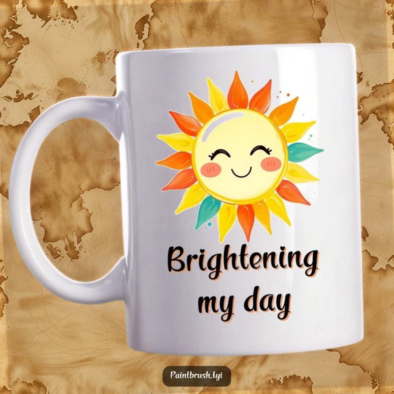 Funny mug with a paintbrush character happily painting a smiling sun with bright, vibrant colors, symbolizing creativity and joy.