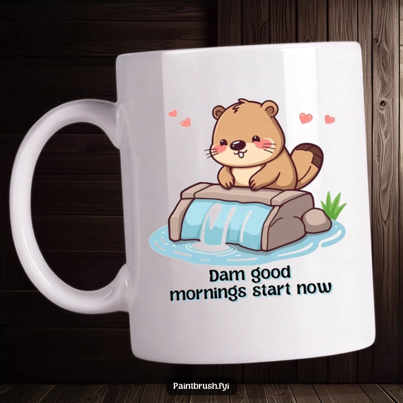 Funny mug featuring a diligent beaver character carefully smoothing the edges of a small, well-crafted dam, representing hard work.