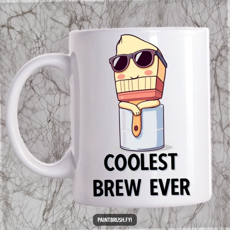 Funny Mug: Paintbrush character wearing cool sunglasses, leaning casually on a paint can, embodying artistic coolness.