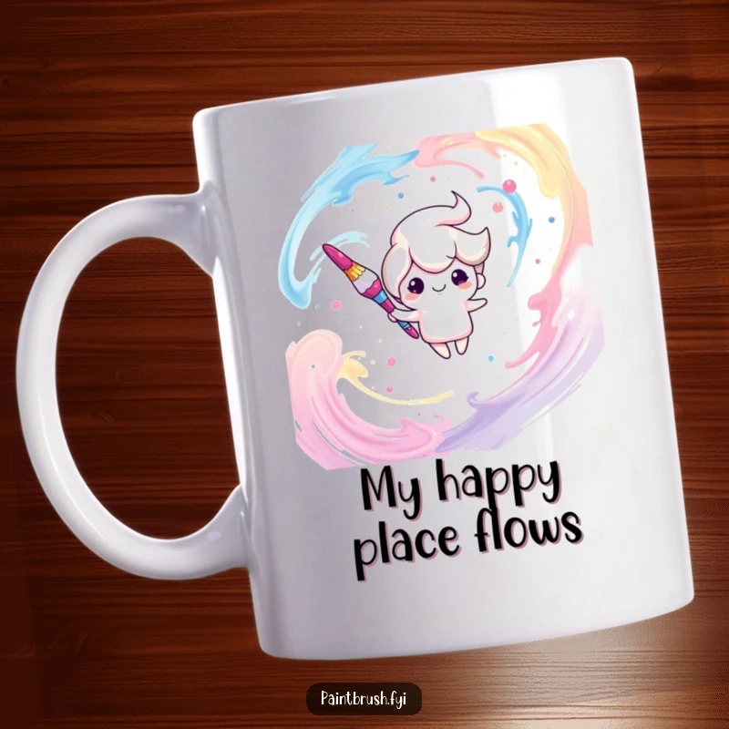 Funny mug featuring a dreamy paintbrush character floating peacefully amidst colorful, swirling paint strokes, embodying artistic inspiration.