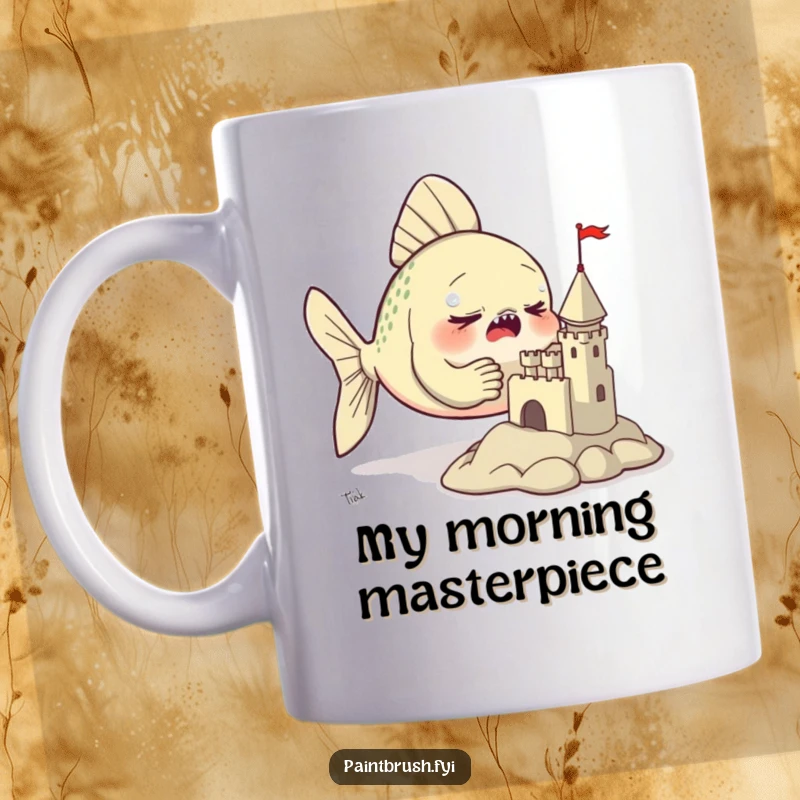 Funny mug showing a determined fish using its fins to painstakingly sculpt a tiny clay castle, showcasing immense artistic effort.