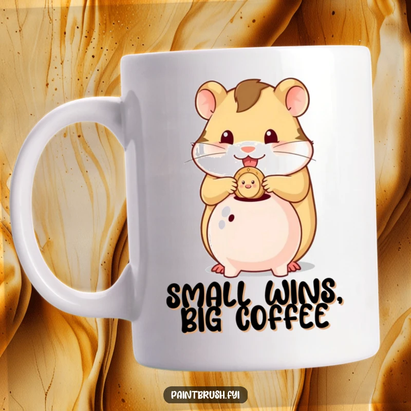 Funny mug showcasing a hamster character with focused determination, stuffing a single coin into a tiny piggy bank.