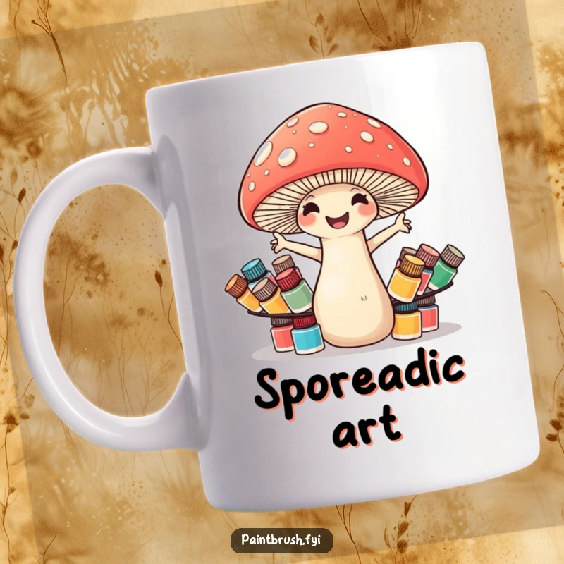 Funny mushroom mug showing a cheerful mushroom trying to balance many small paint pots, highlighting artistic endeavors.