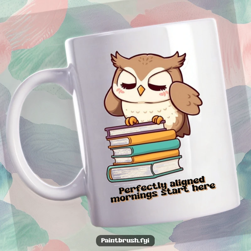 Funny mug with a meticulous owl character straightening a perfectly aligned stack of books, symbolizing a love for order and reading.