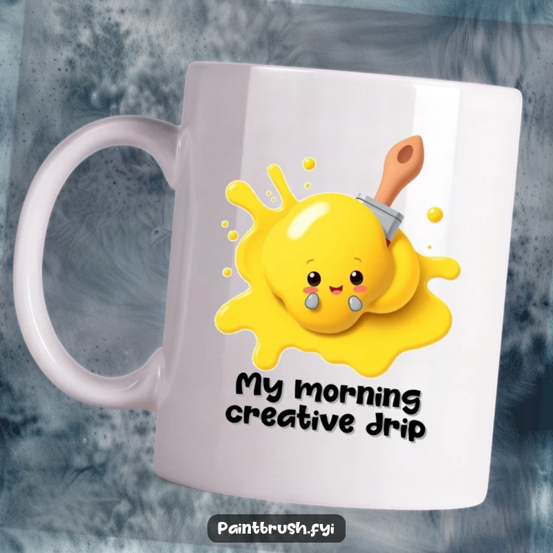 Funny paintbrush character mug, playfully peeking from behind a large yellow paint blob, embodying artistic mischief and fun. A humorous gift.