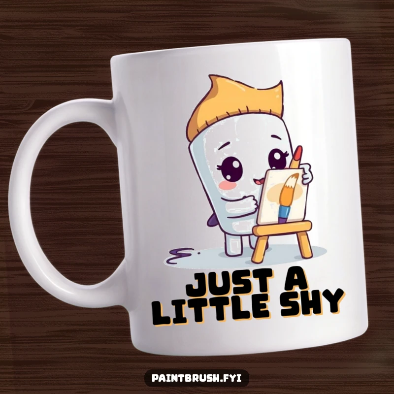 Funny paintbrush character shyly peeking from behind a tiny easel, on a mug, ideal for a funny, shy artist gift.