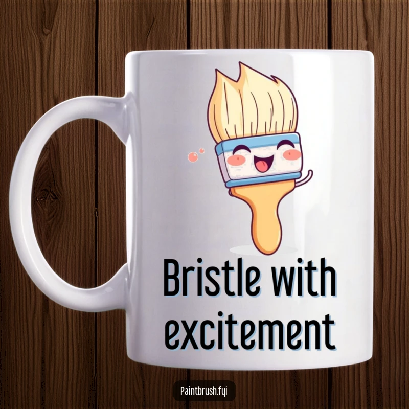 Funny paintbrush mug featuring a character playfully wiggling its bristles with obvious glee and excitement for art.
