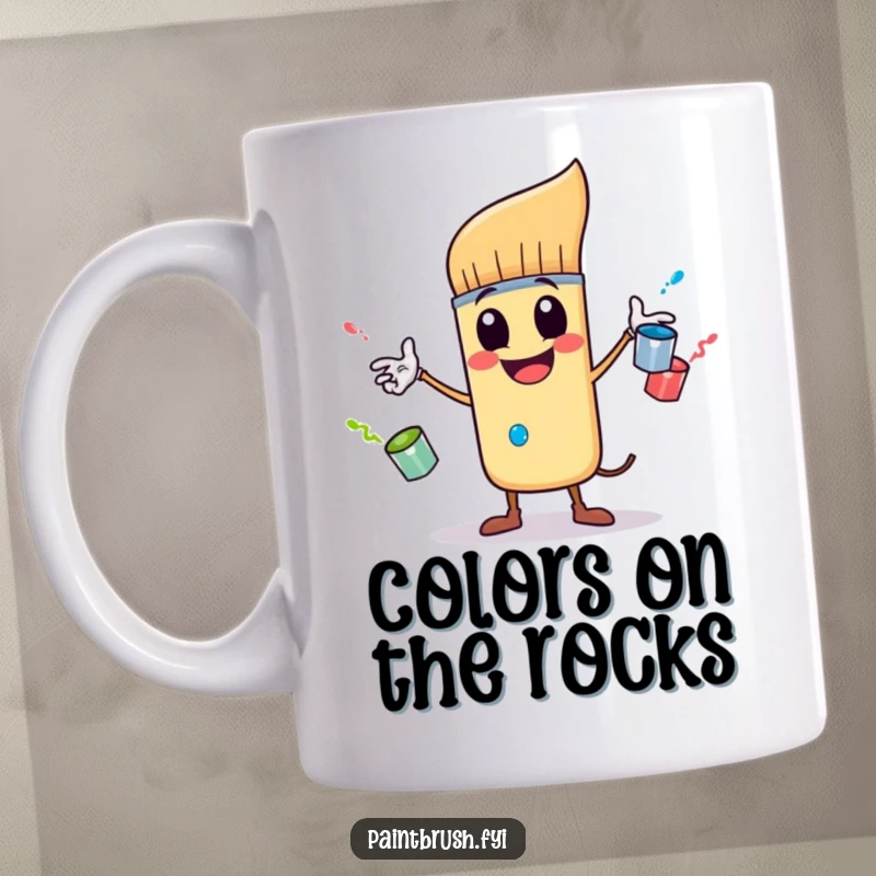 Funny mug featuring a playful paintbrush character skillfully juggling three tiny, bouncing paint pots, radiating artistic joy and humor.