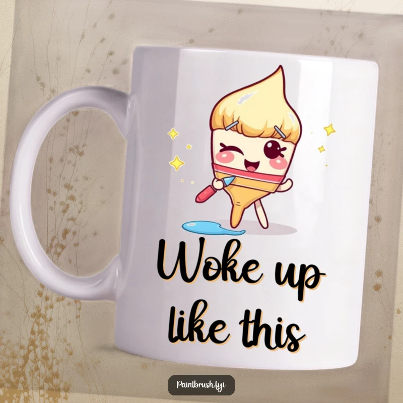 Funny mug showing a sassy paintbrush character winking cheekily with a vibrant trail of sparkly paint following behind it.
