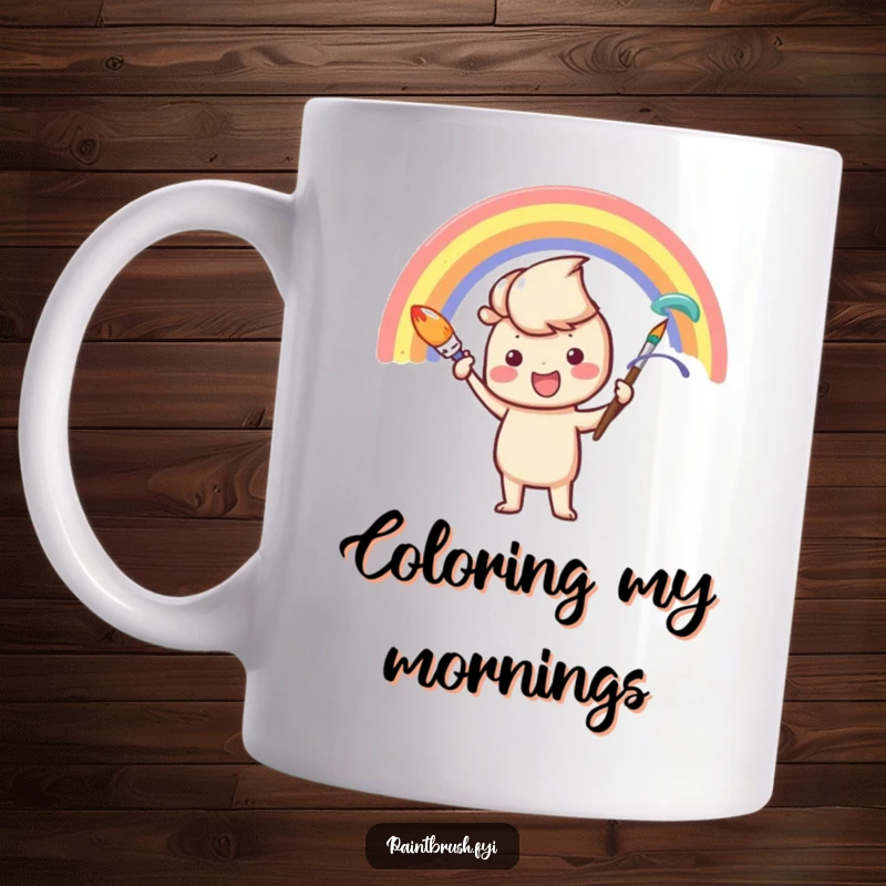 Funny Mug: A paintbrush character enthusiastically painting a vibrant rainbow arc, symbolizing creativity and joy in art.