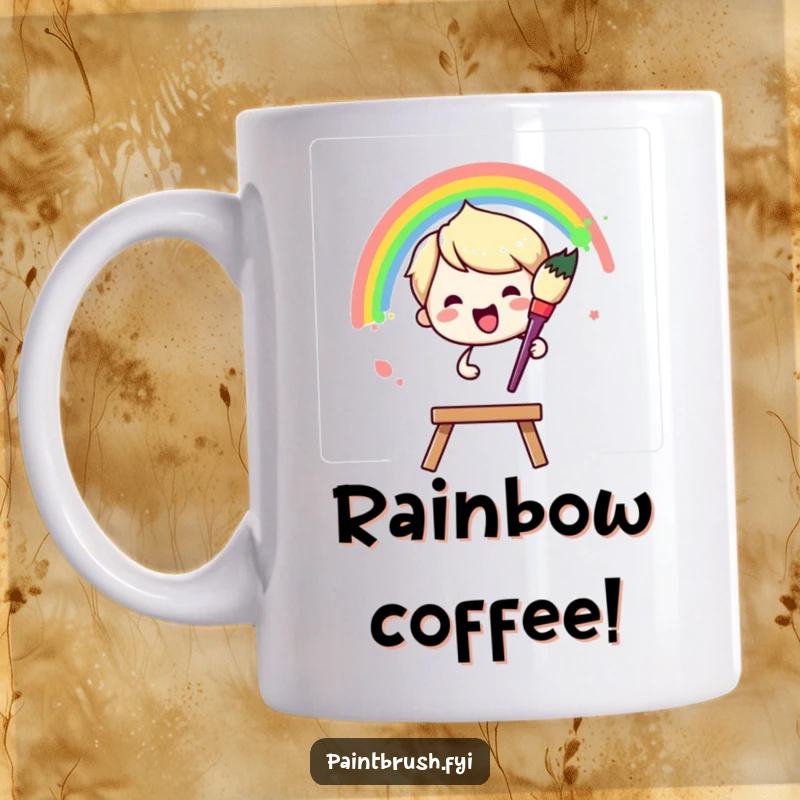 Funny Mug: Paintbrush character joyfully painting a vibrant rainbow arc across a blank canvas, symbolizing creativity and happiness.