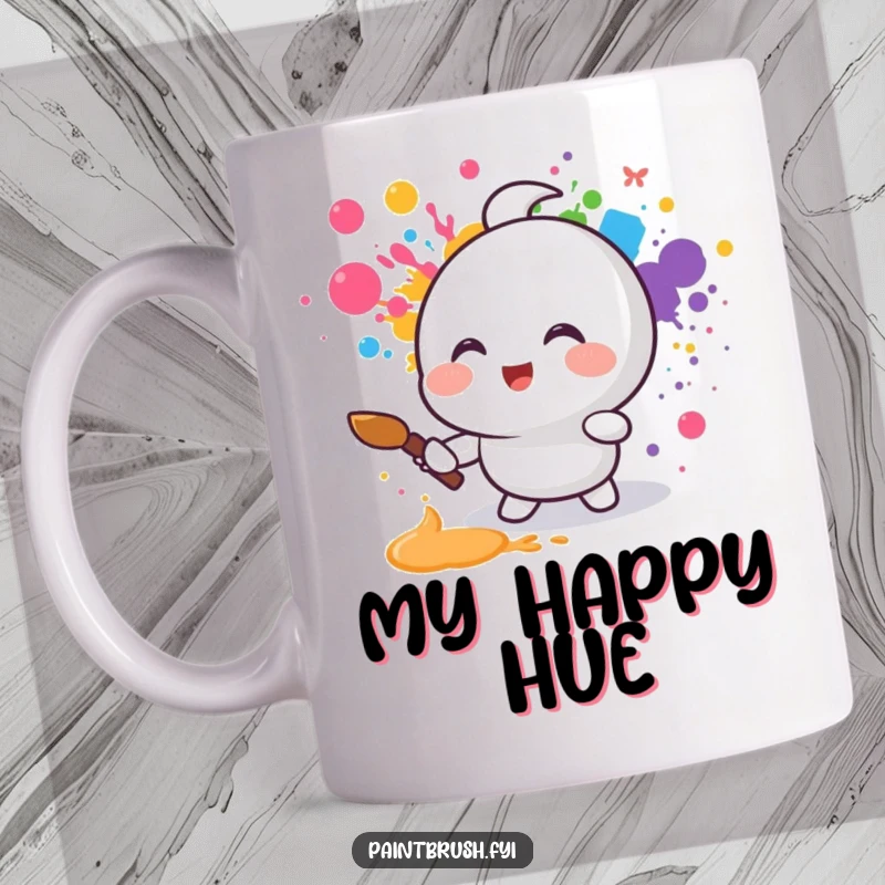 Funny mug showing a small round character joyfully splattering vibrant rainbow colors with a paintbrush, radiating pure happiness.