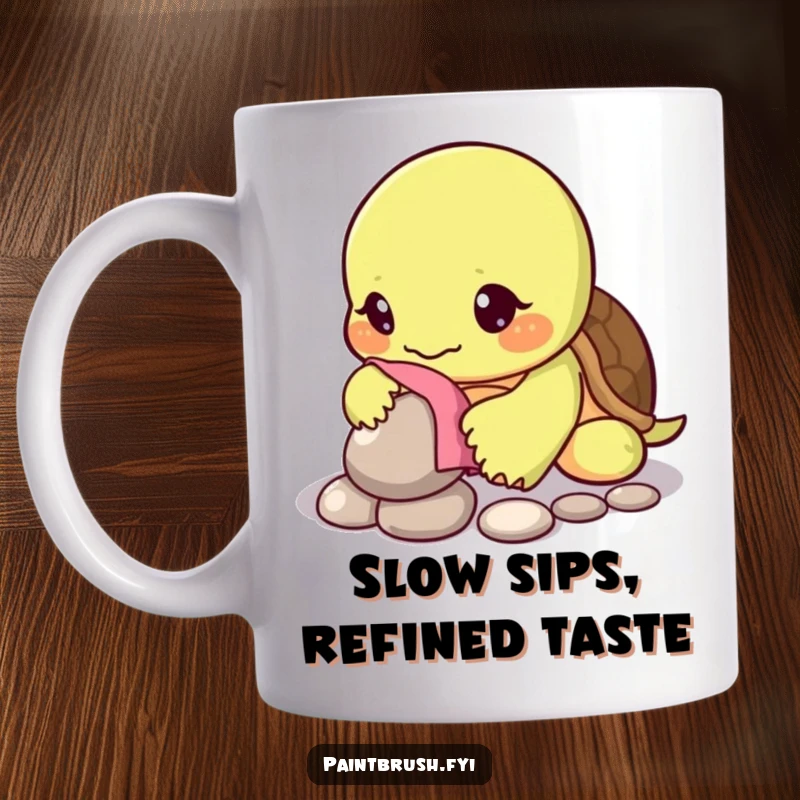 Funny mug showing a turtle character with focused calm, polishing a single shiny pebble with a small cloth.