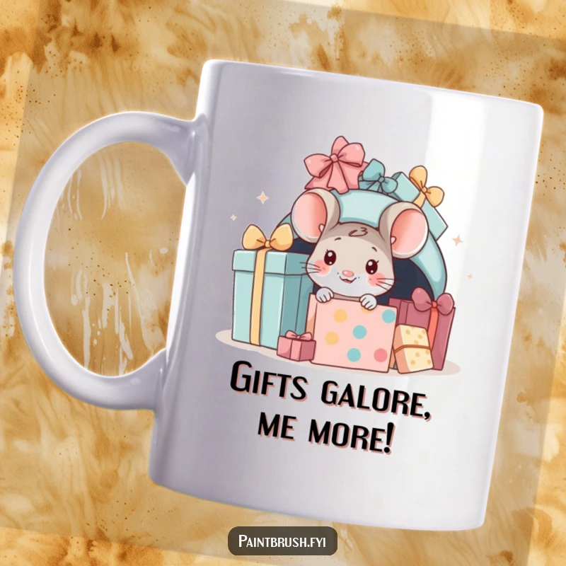 Funny mouse present mug, little mouse peeking out from under a large pile of colorful gifts, conveying curiosity and holiday spirit.