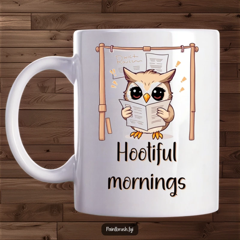 Funny owl mug showing a confused owl trying to read art instructions upside down on a canvas with a perplexed expression.