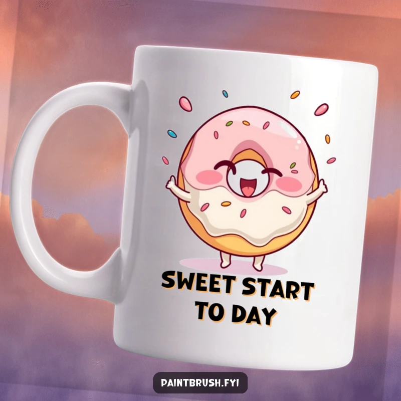 Funny Mug featuring a winking donut character excitedly juggling colorful sprinkles with pure glee, showcasing sweet confectionery humor.