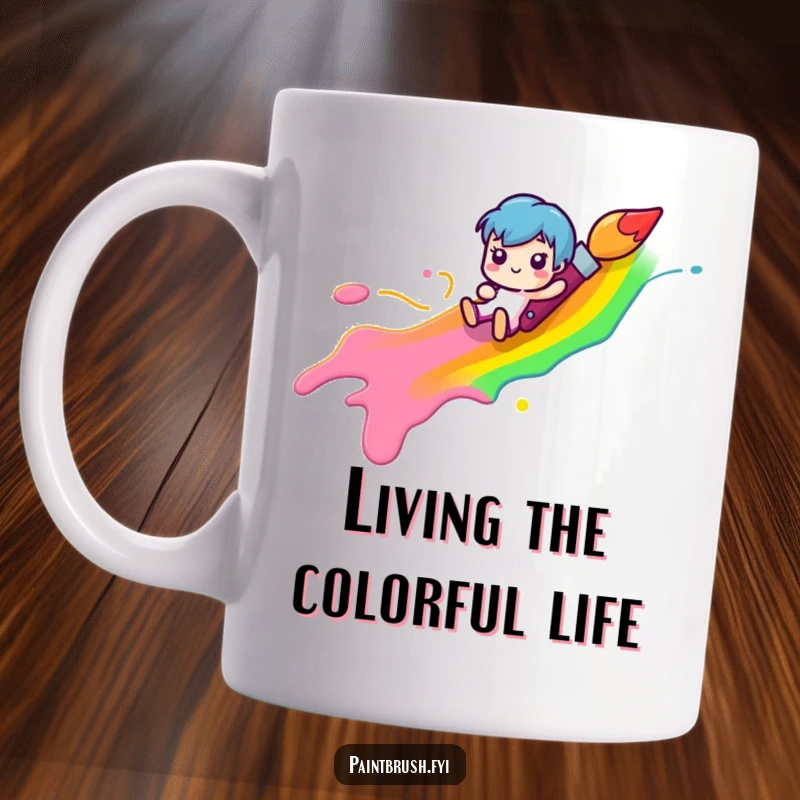 Funny paintbrush character joyfully sliding down a vibrant rainbow paint streak, on a mug, ideal funny gift for artists.