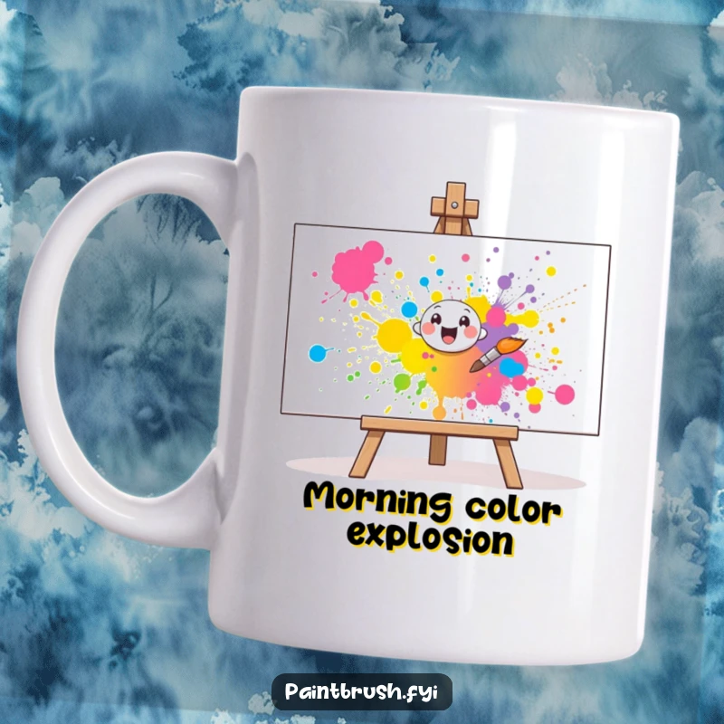 Funny Mug: A small paintbrush character cheerfully splatters vibrant paint onto a large canvas, celebrating artistic fun.
