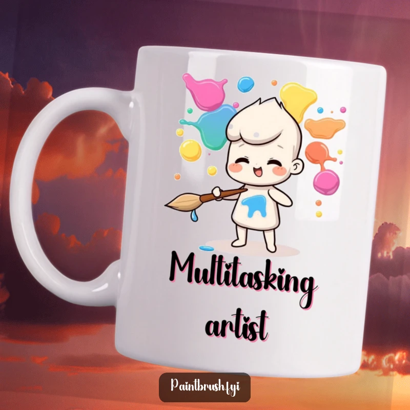 Funny mug showing a skilled paintbrush character expertly juggling multiple colorful paint blobs with a smile.