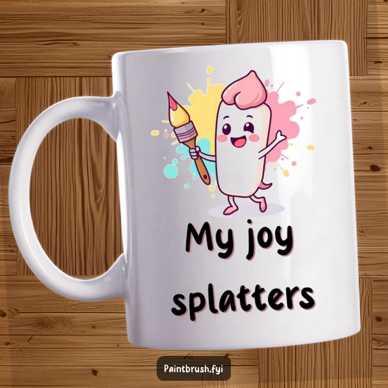 Funny mug featuring a happy paintbrush character joyfully dancing with a large, colorful, and animated paint splotch.