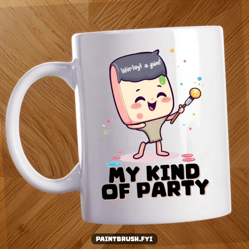 Funny mug showing a gleeful paintbrush character joyfully throwing a small blob of paint like confetti, celebrating artistic expression.