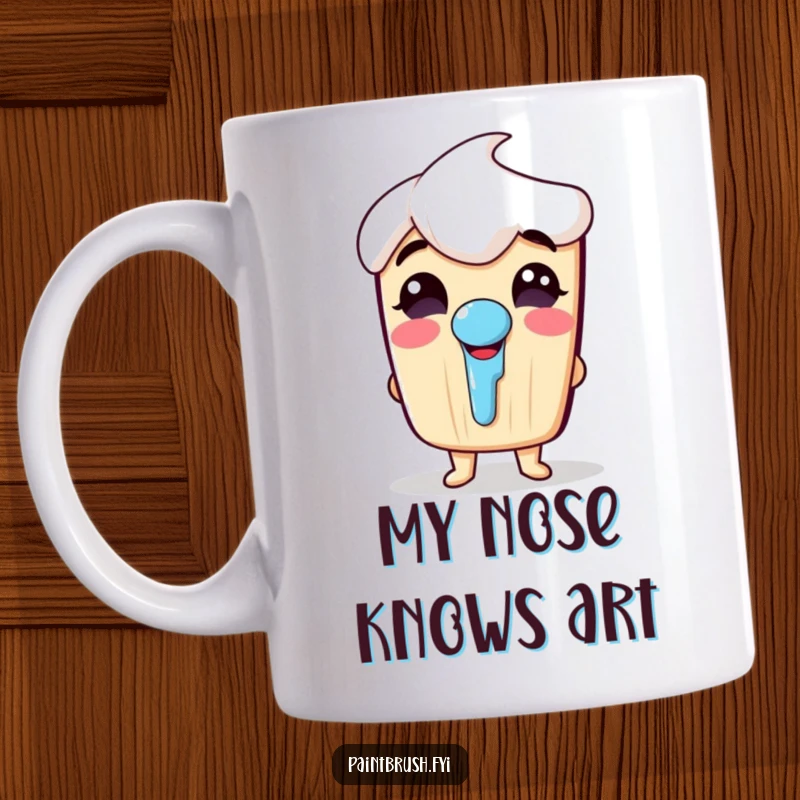 Funny mug featuring a cheerful paintbrush character giggling uncontrollably with a comical paint drip nose.